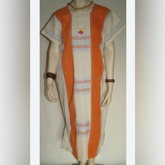 African embroidered dashiki, orange and white striped kaftan dress XL - Picture 1 of 7